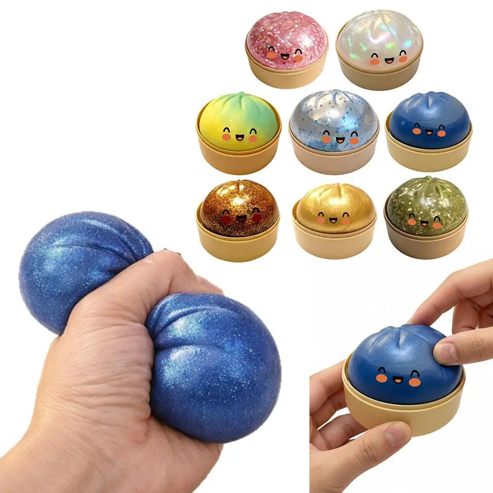 Colorful Dumpling Squeezable Toy Stress Relief Toy Squeezy Dough Ball with Steamer Stress Glitter Dumpling Squeeze Toy Peaceful Pleasures Health and Wellness