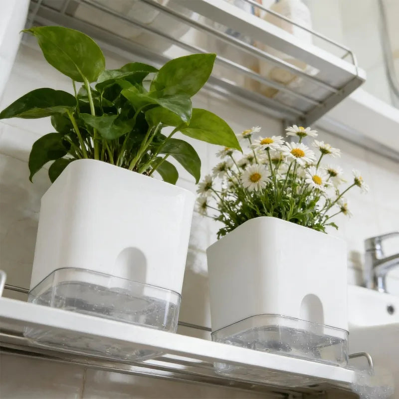 White Square Self-Watering Plant Pot | Double Layer Flowerpot