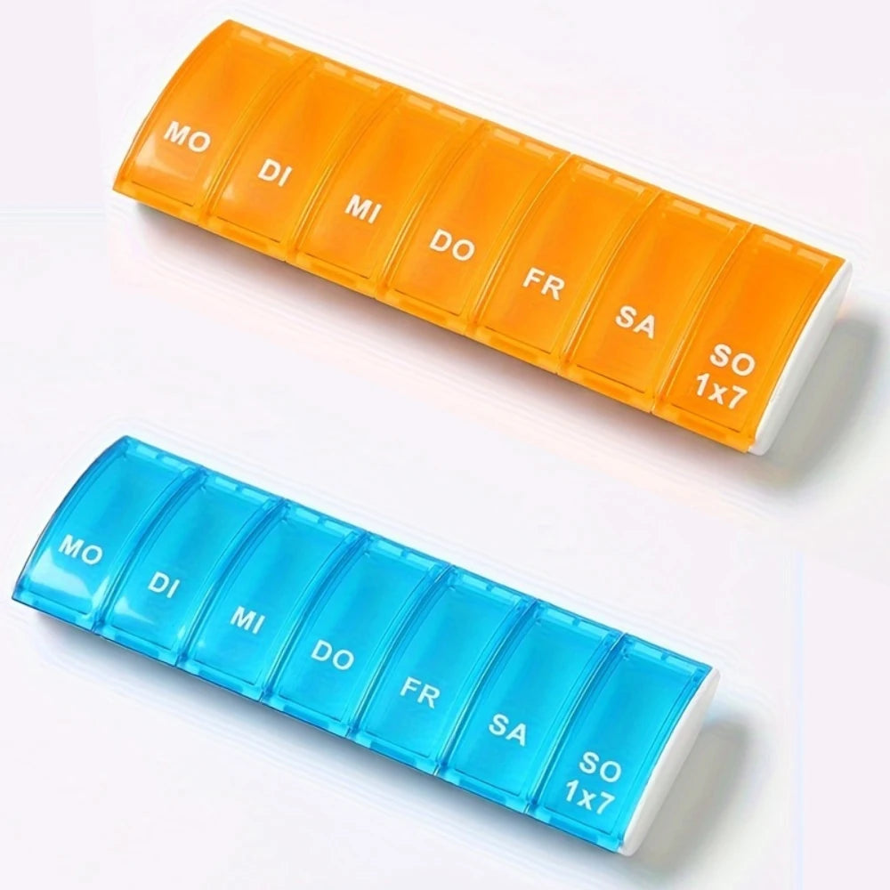 7Day Pill Organizers with Labeled Compartments Monday to Sunday Color-Coded for Travel And Daily Use Featuring a Vibrant Familie Peaceful Pleasures Health and Wellness 2pcs B