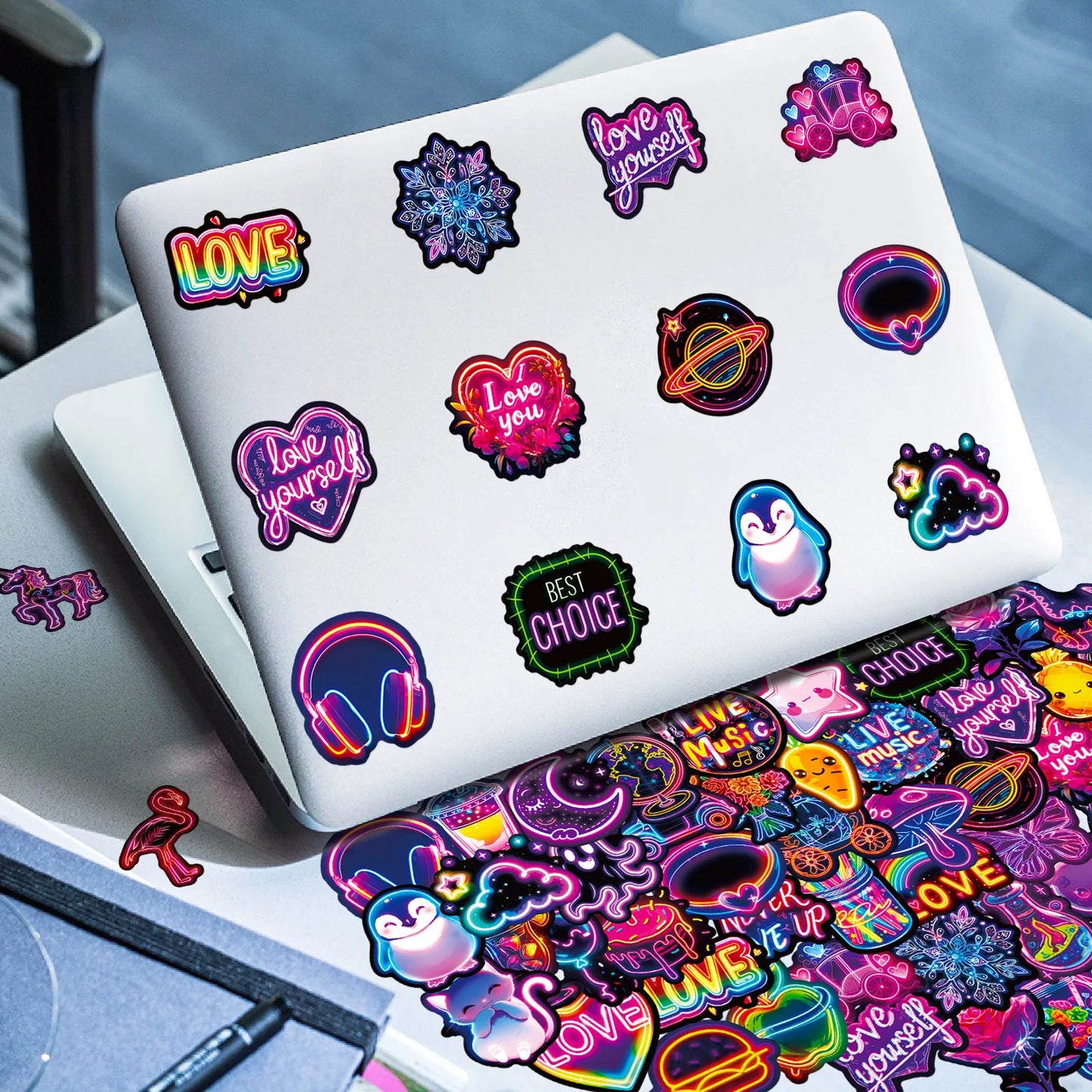 50-Pack Waterproof Sticker Sheets Vibrant Neon Glow Designs Luggage
