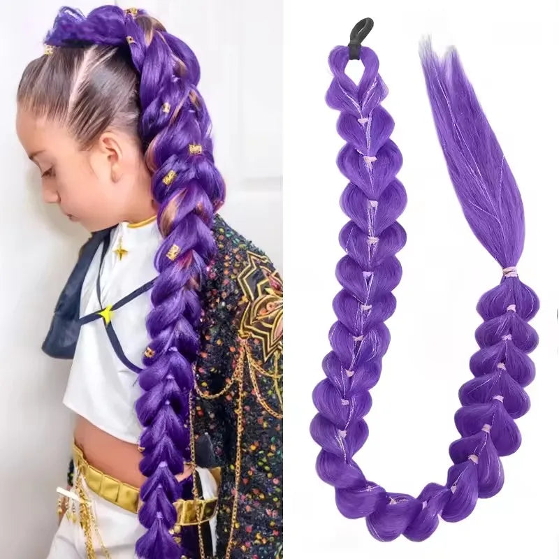 fashion Performance hair accessory ponytail 32 inch long purple braided wig shining metallic texture children's holiday outfit Peaceful Pleasures Health and Wellness PURPLE 32inches 2 pcs