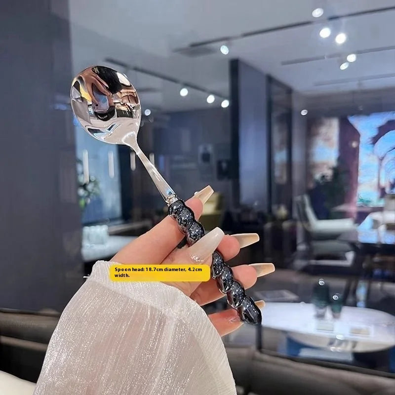 2026 New 304 Stainless Steel Spoon Girl Pearl Five-color Imitation Ceramic Handle Spoons Household Long Handled Dining Spoon Peaceful Pleasures Health and Wellness Black