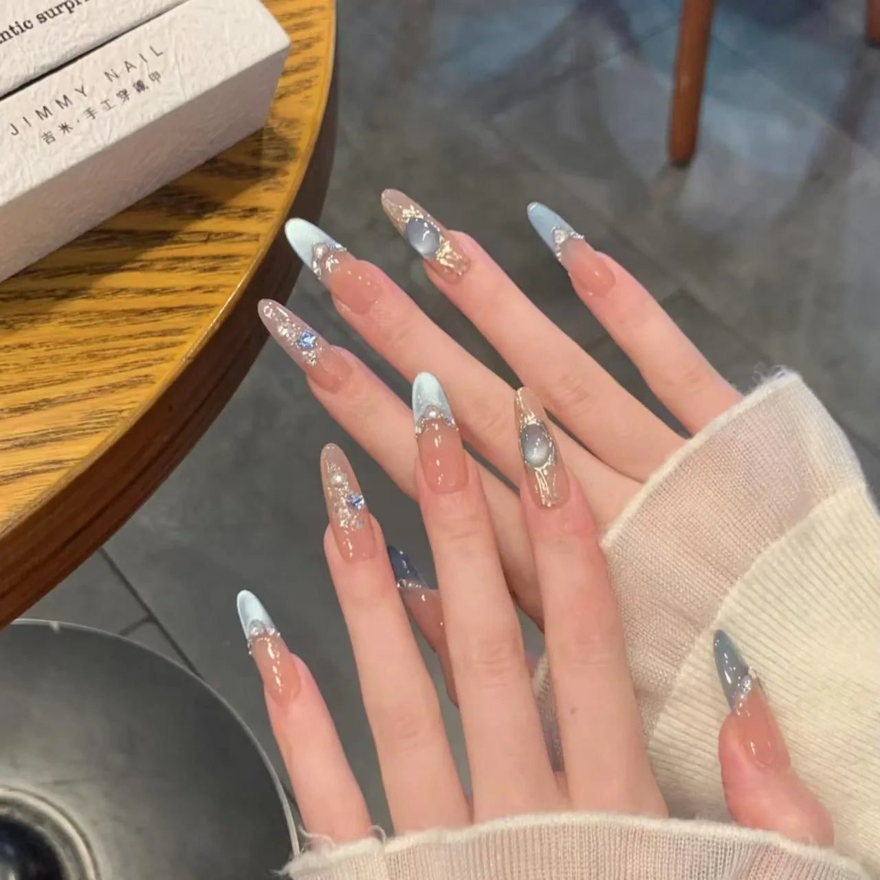 10pcs Handmade Blue Cat Eye Press on Nails with Glitter Diamond Design Fake Nails Wearable Detachable Sweet Almond False Nails Peaceful Pleasures Health and Wellness