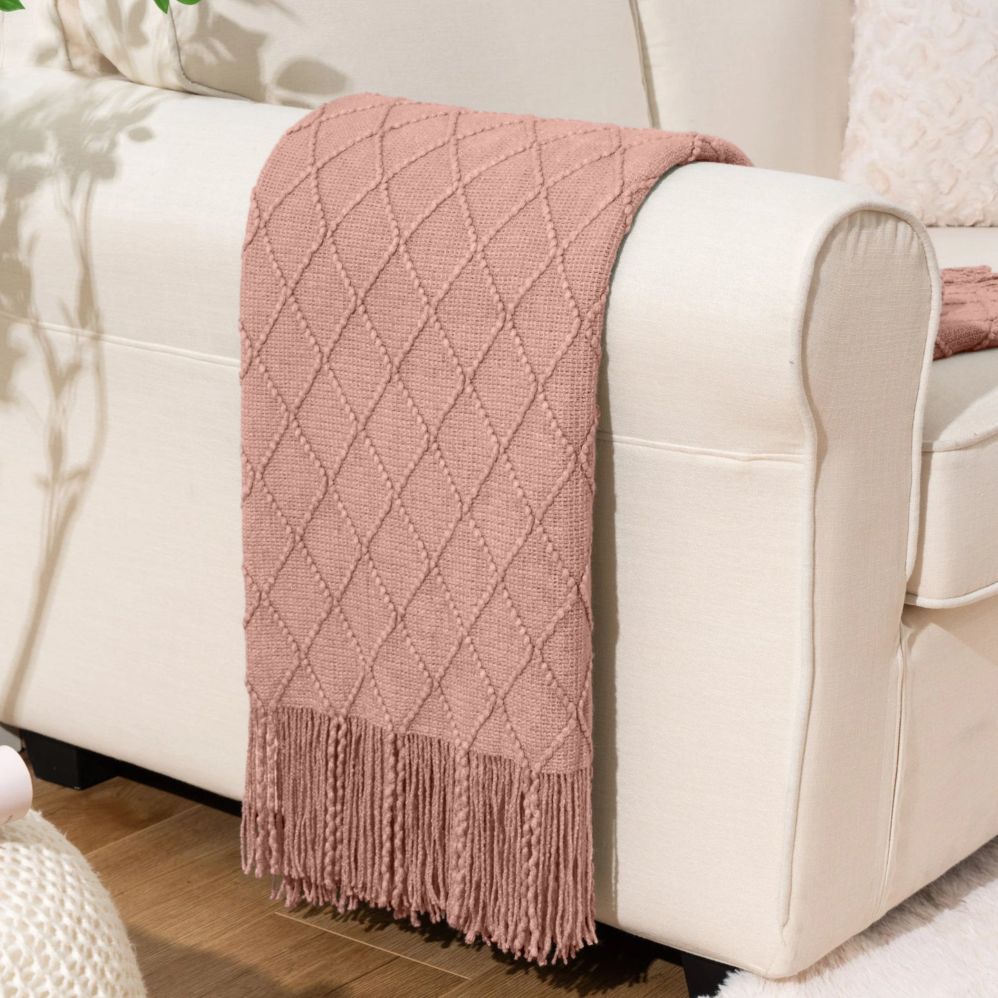 Battilo Plaid Knitted Throw Blanket Soft Woven Throws Sofa Blanket Bedspread On The Bed Green Decorative Blankets Spring Decor Peaceful Pleasures Health and Wellness Pink 127x152cm