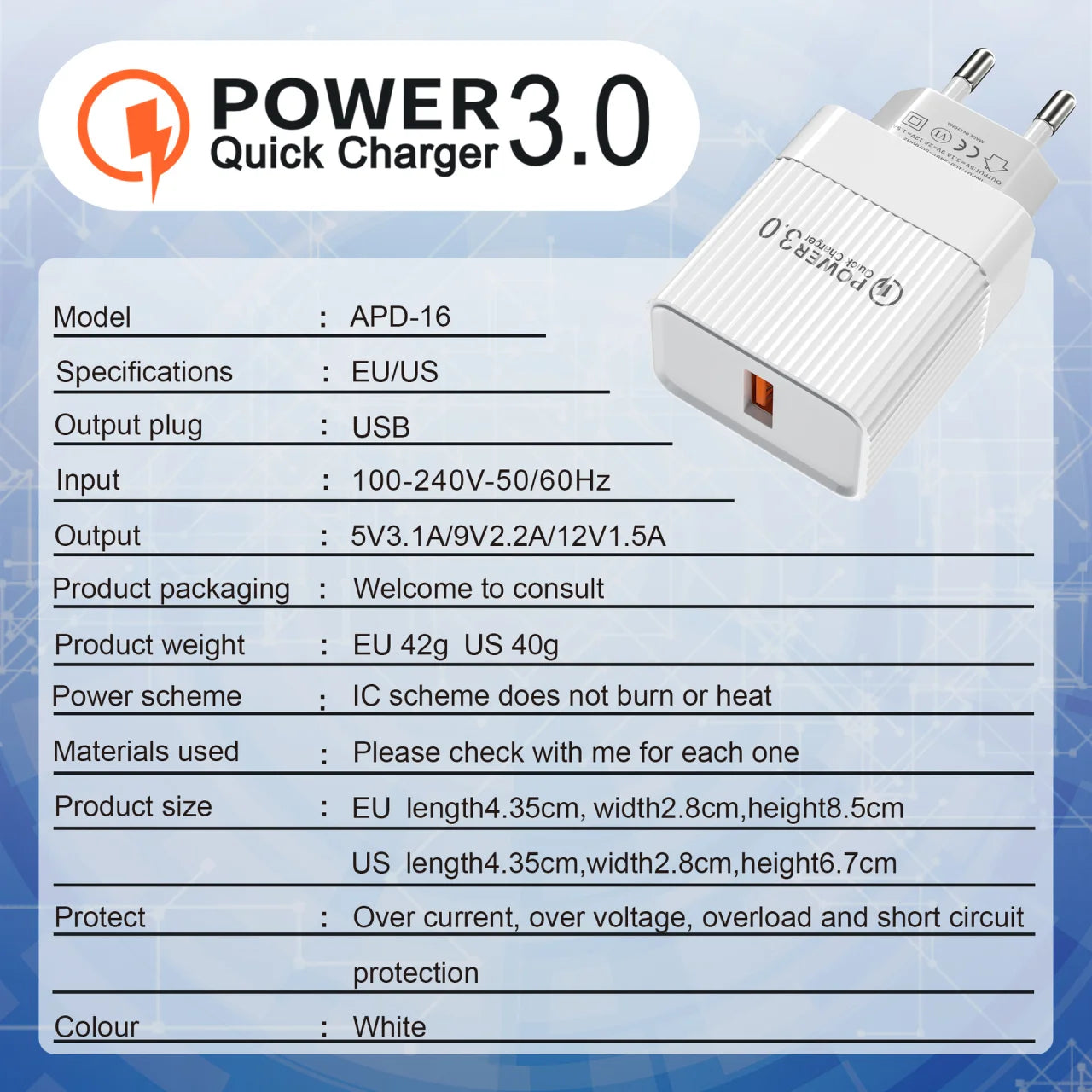20W QC 3.0 Fast USB Wall Charger – EU/US Plug | All Phones