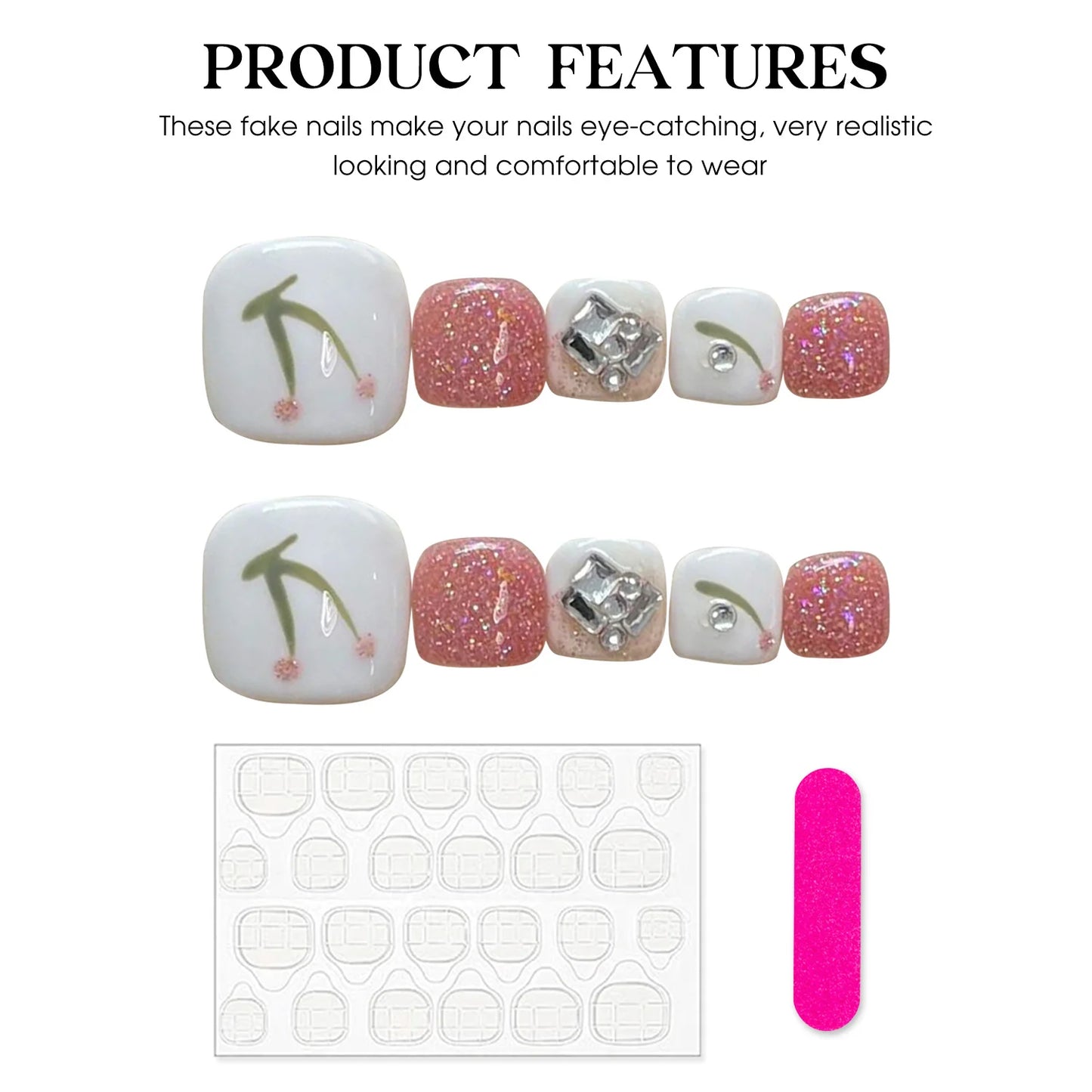 Glossy Pink Cherry Press-On Toenails | Resin False Toenails