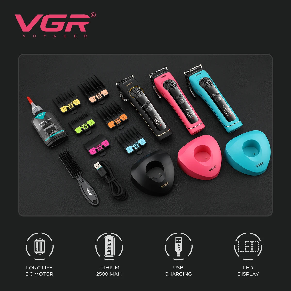 VGR new electric hair clipper men's high-end hair clipper 8000 RPM multi gear adjustable hair trimmer with base push shear V-199 Peaceful Pleasures Health and Wellness