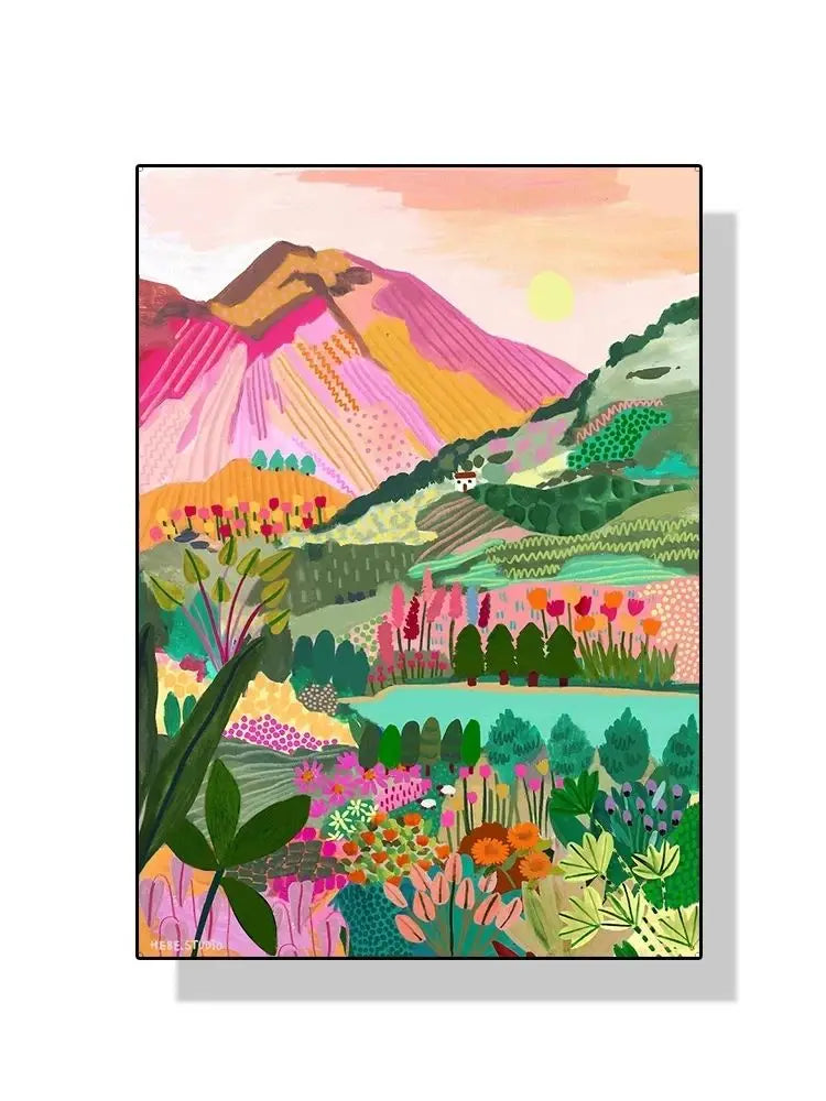 Nordic Flowers Mountain Lake Colorful Nature Landscape Travel Poster Canvas Print - Abstract Wall Art for Room Home Decor Peaceful Pleasures Health and Wellness 6 20x30cm Unframed