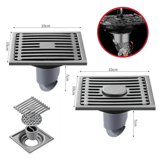 10cm Square Stainless Steel Floor Drain | Anti-Odor Cover Floor Drain Oasis Select