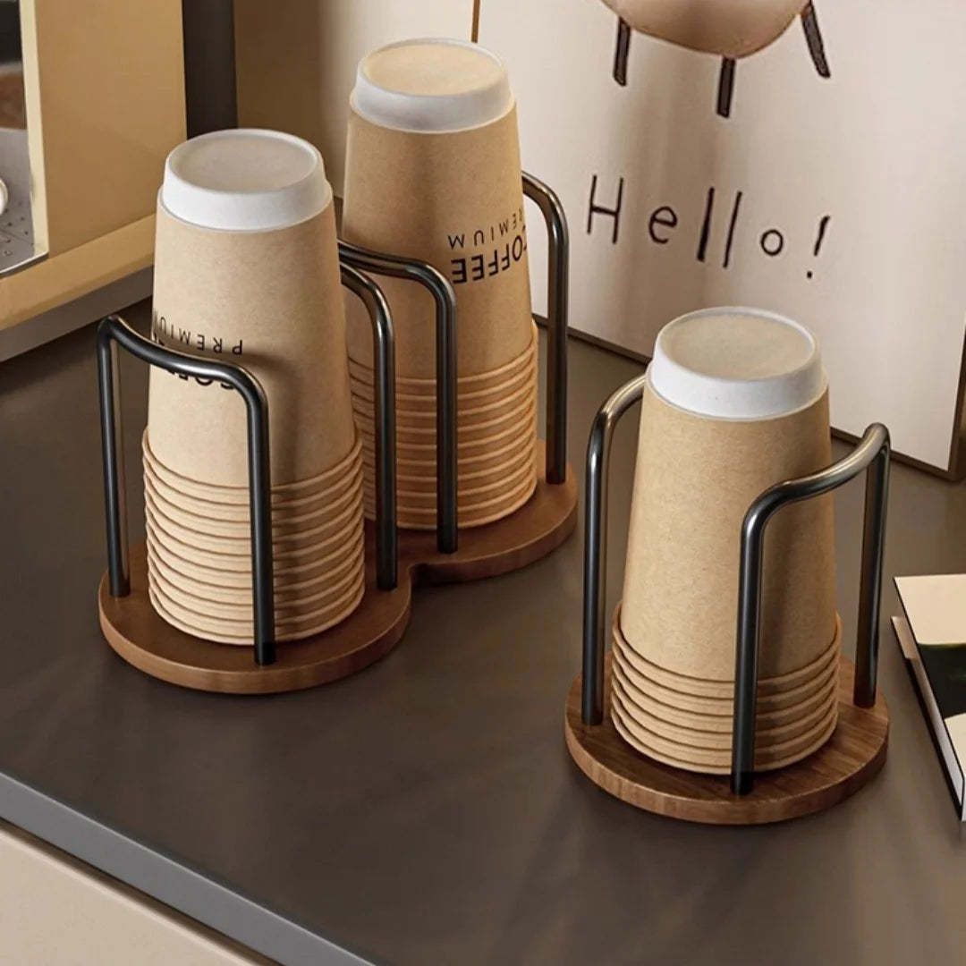 Coffee Cup Dispenser Rack Wood Base & Lid Organizer