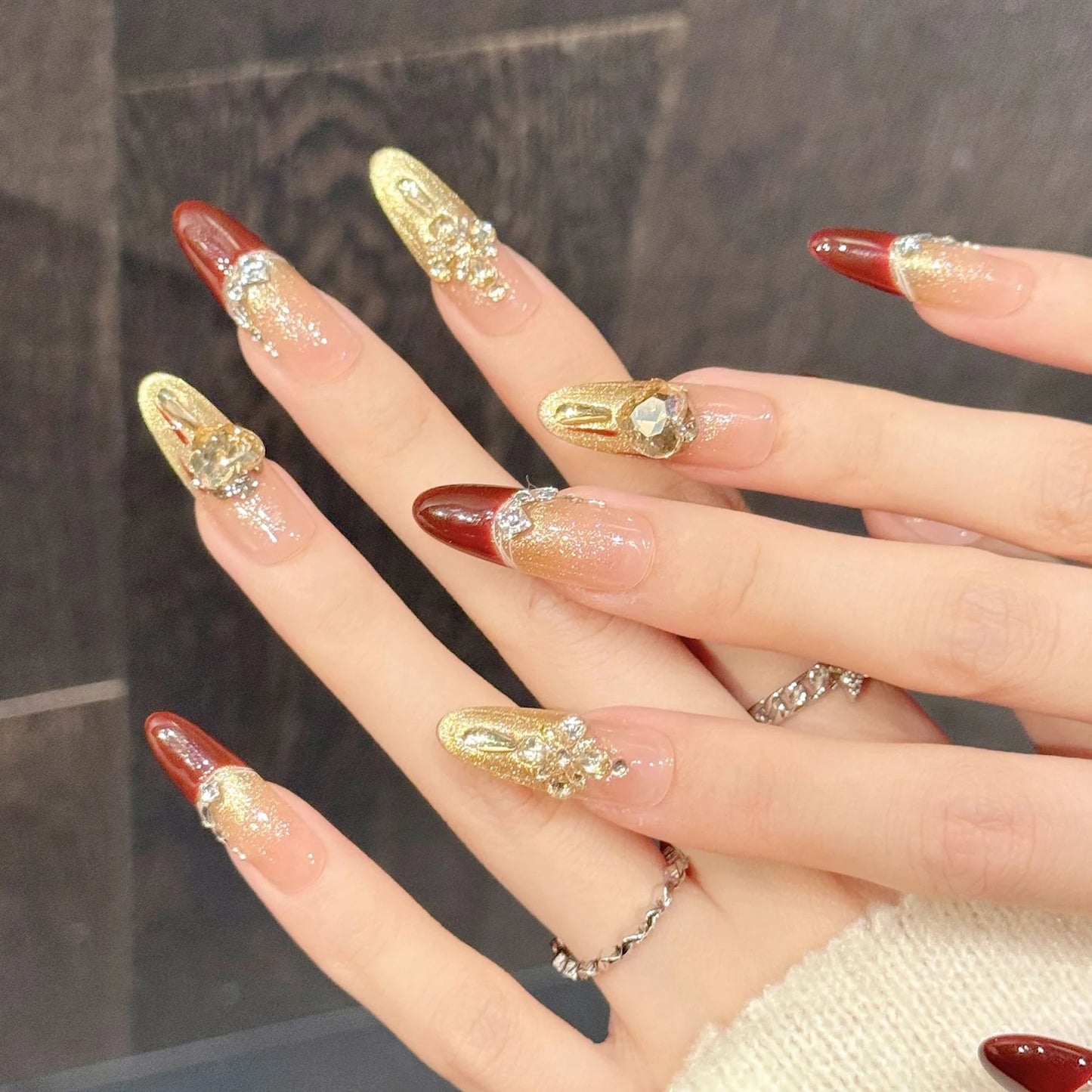 10pcs Glitter Cat's Eye Press On Nails | French Almond Tips