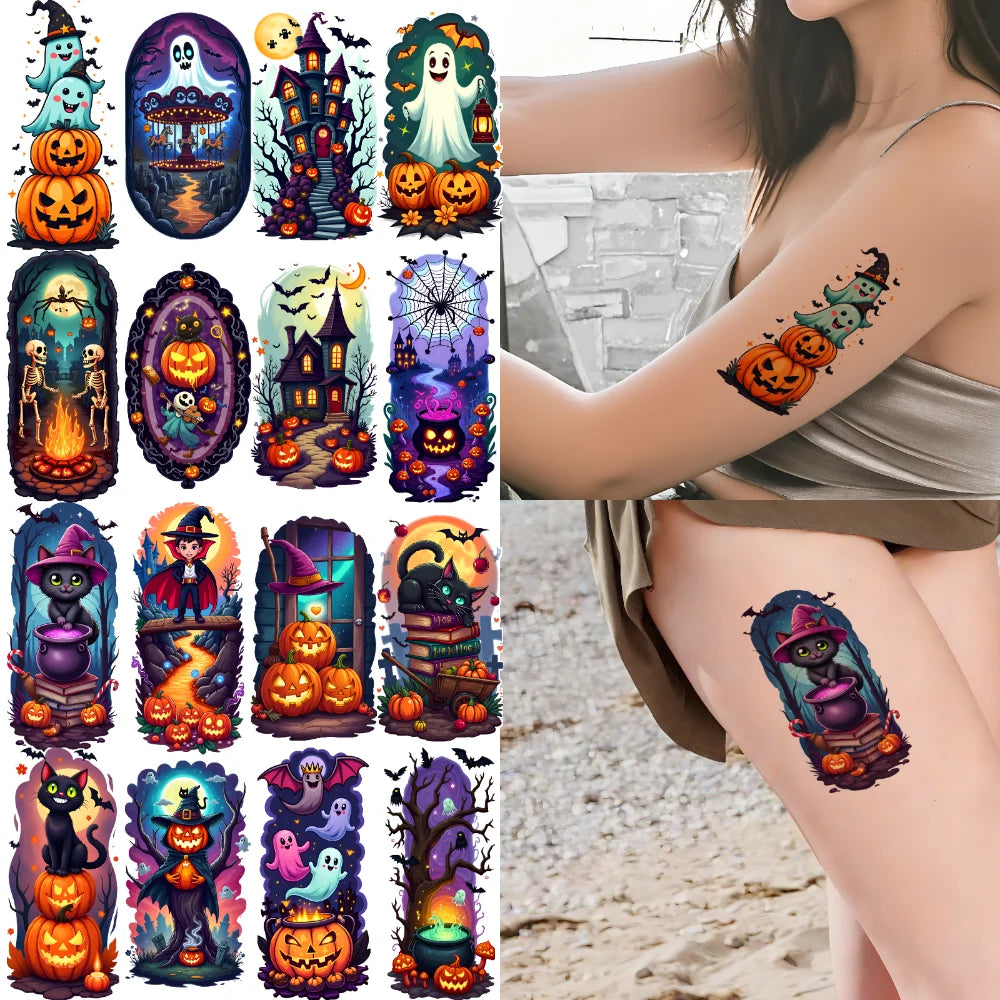 12-Pack Halloween Temporary Tattoos – Ghost, Moon & Pumpkin