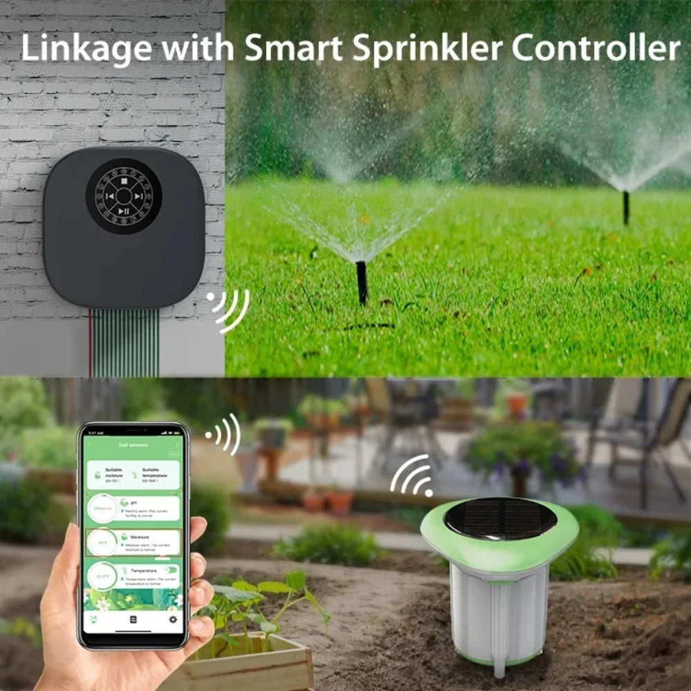Smart WiFi Solar Soil Tester Moisture Temperature Humidity Sensor Meter Tuya APP Timer Monitor with Battery for Garden Lawn Peaceful Pleasures Health and Wellness