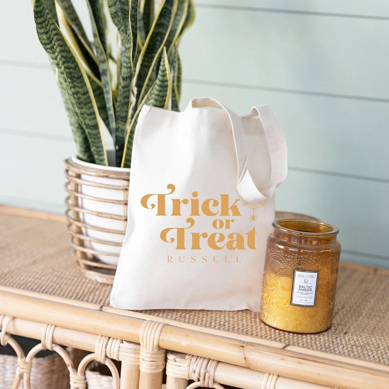 Personalized Halloween Trick or Treat Canvas Tote Bag | Spider Web