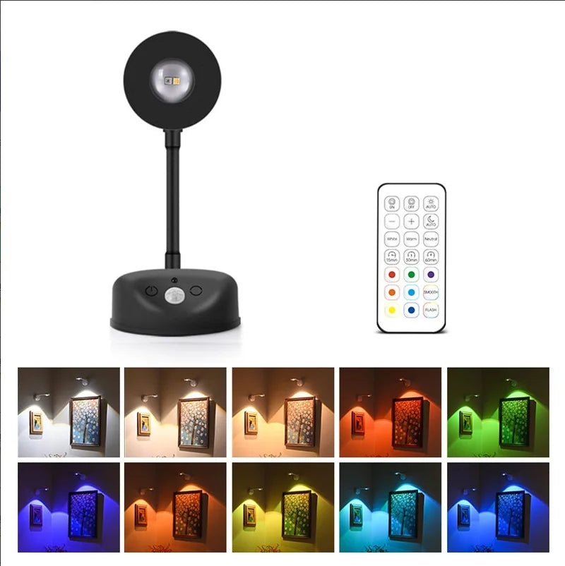 USB Rechargeable Intelligent Human Sensing Wireless Wall Light Dimmable Led Spotlight for Lighting Paintings Pictures RGB Peaceful Pleasures Health and Wellness Black 2000mah