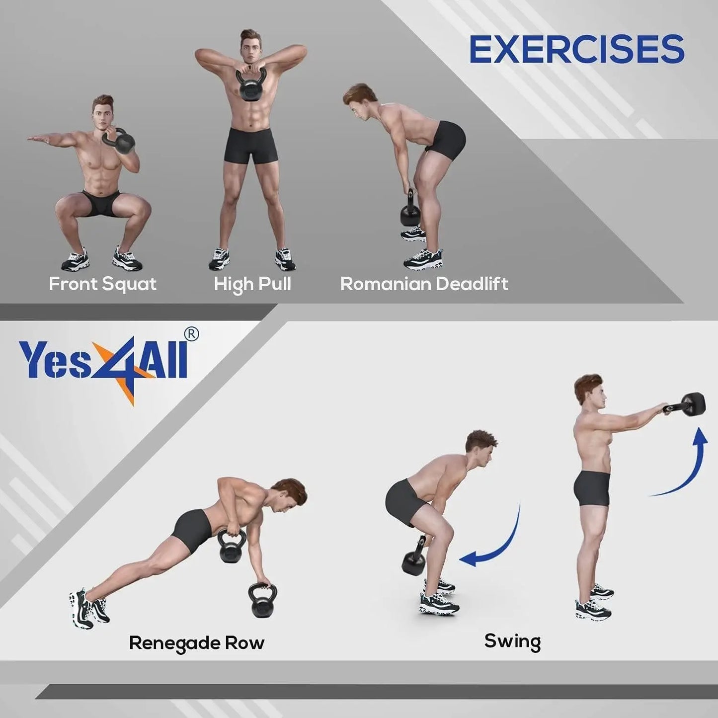 Illustrations of various exercises with a person using kettlebells, labeled 'Yes4All'.