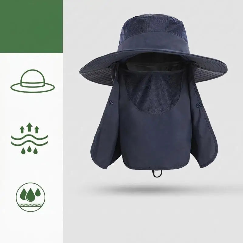 Full Coverage Sun Protection Bucket Hats Detachable Face & Neck Flap Outdoor Fishing Hats Breathable Mesh Wide Brim Headwear Peaceful Pleasures Health and Wellness dark Blue