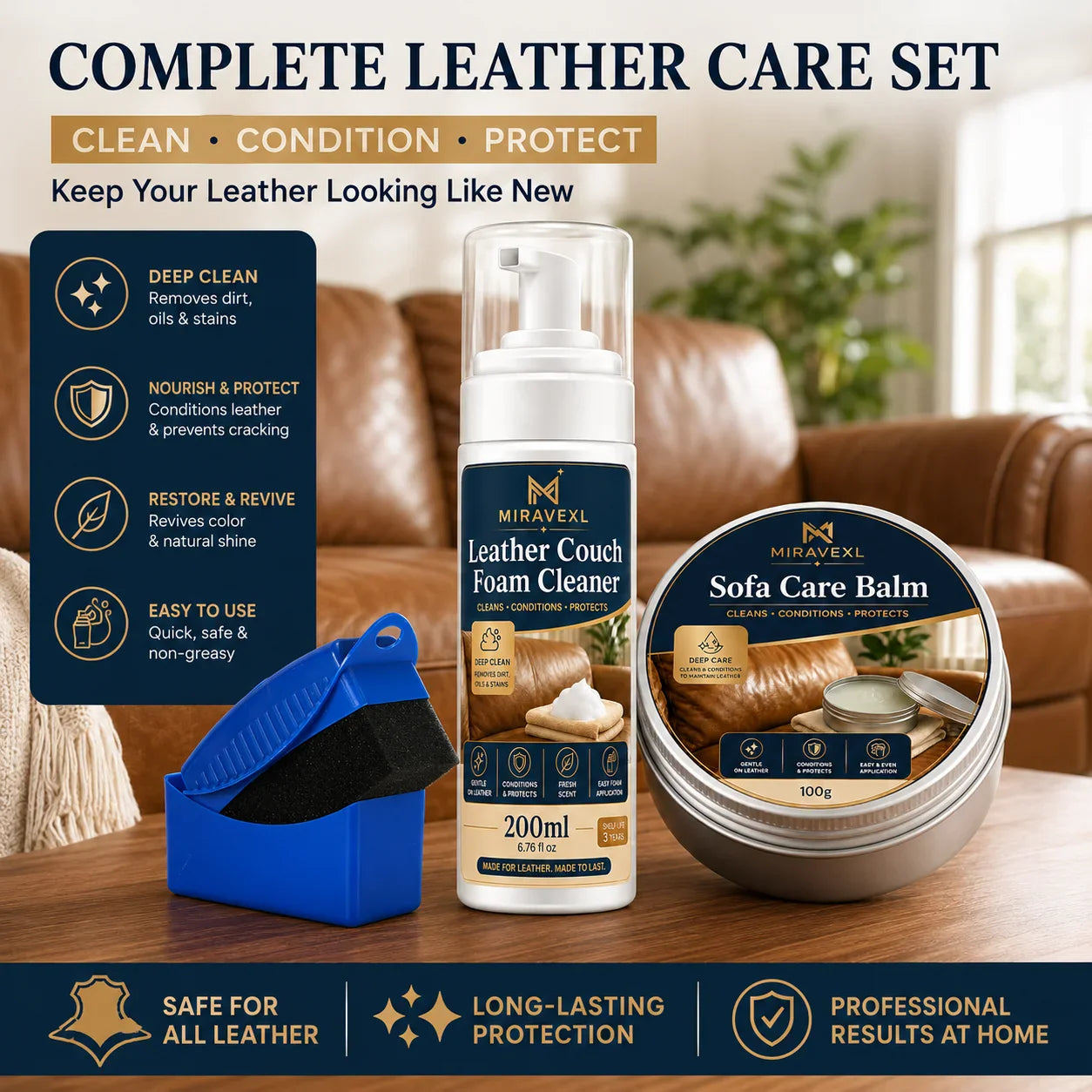 MIRAVEXL Leather Cleaner & Conditioner Kit – Foam + Care Balm