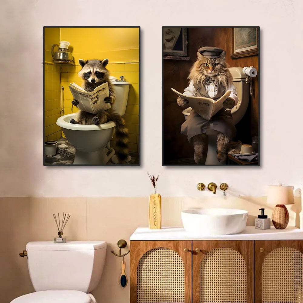 Funny Animals Toilet Canvas Painting Prints Gorilla Elephant Cat Dog Wall Poster Picture for Bathroom Room Home Decoration Peaceful Pleasures Health and Wellness