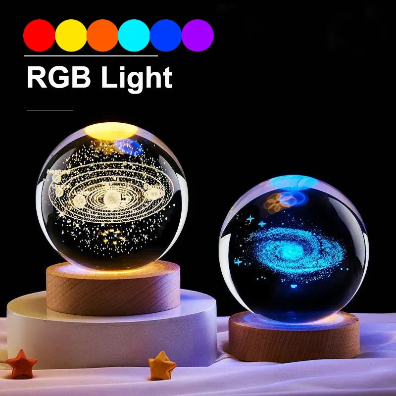 6cm Bedside RGB Lamp Solar Theme Cosmos Series Crystal Ball Night Lights Milky Way Moon Small Ornaments for Desk Creative Gift Peaceful Pleasures Health and Wellness