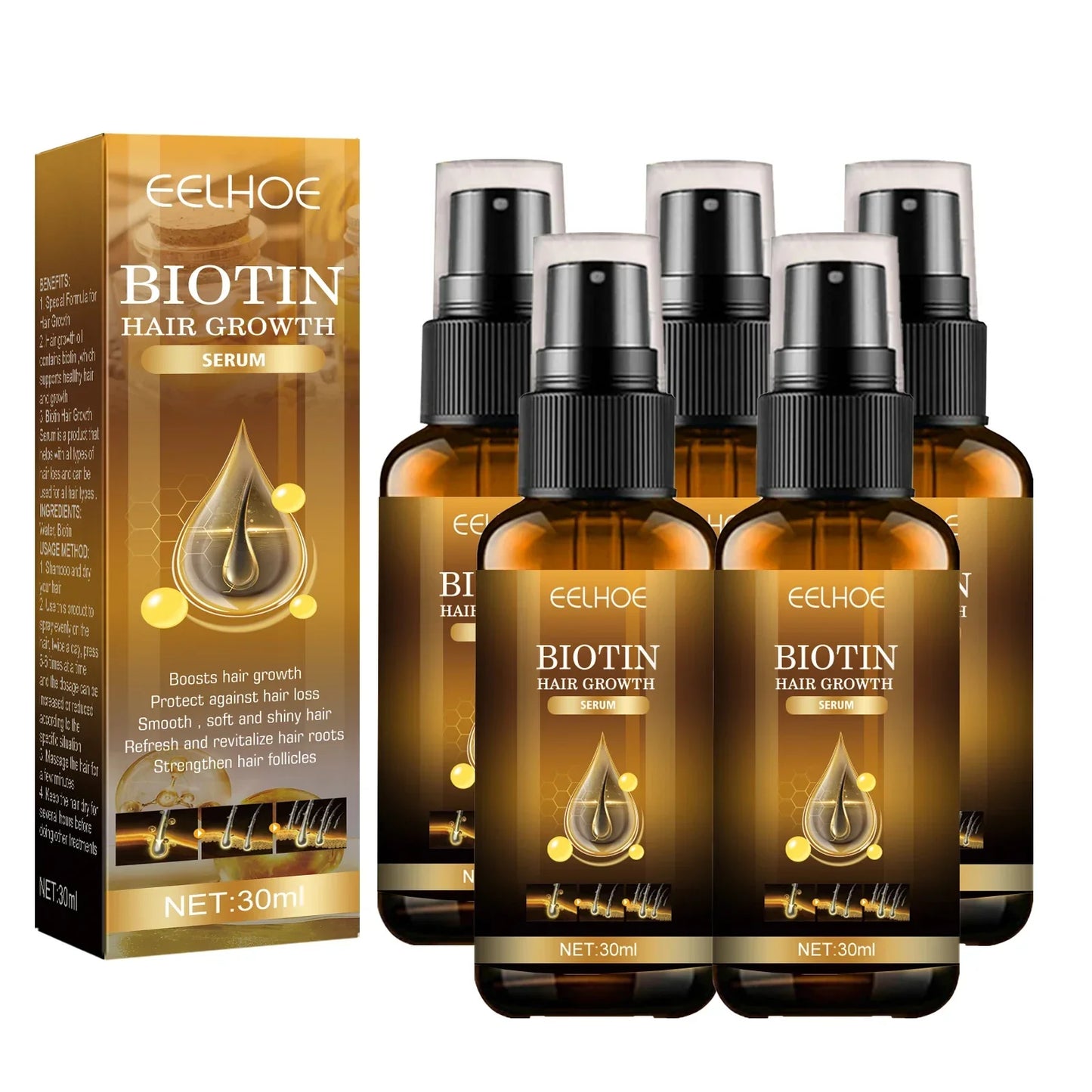 EELHOE Biotin Hair Spray For Man Women 30ml Hair Growth Repair Damage Restore Oil Scalp Repair Serum Spray Thicken Hair Care Peaceful Pleasures Health and Wellness 5pcs