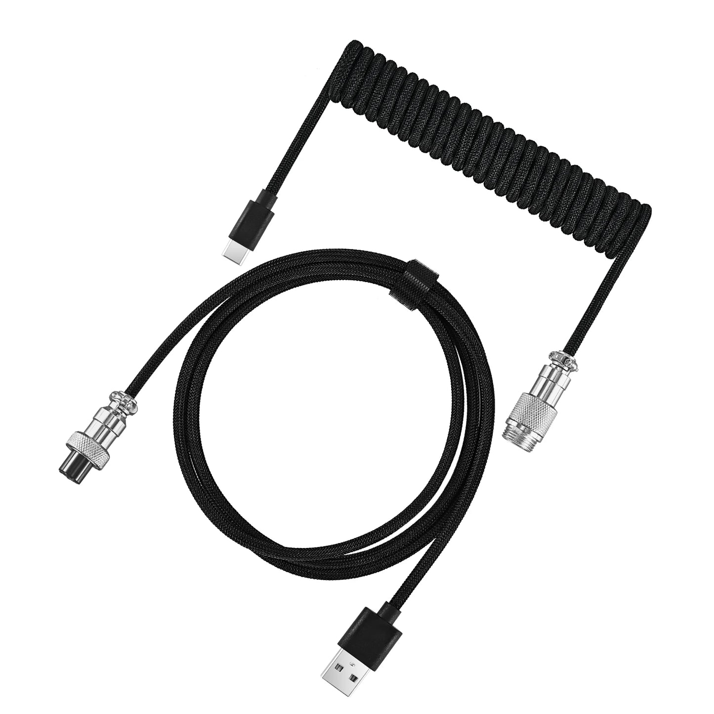 Coiled USB-C Gaming Keyboard Cable | Aviator Connector Braided Peaceful Pleasures Health and Wellness black