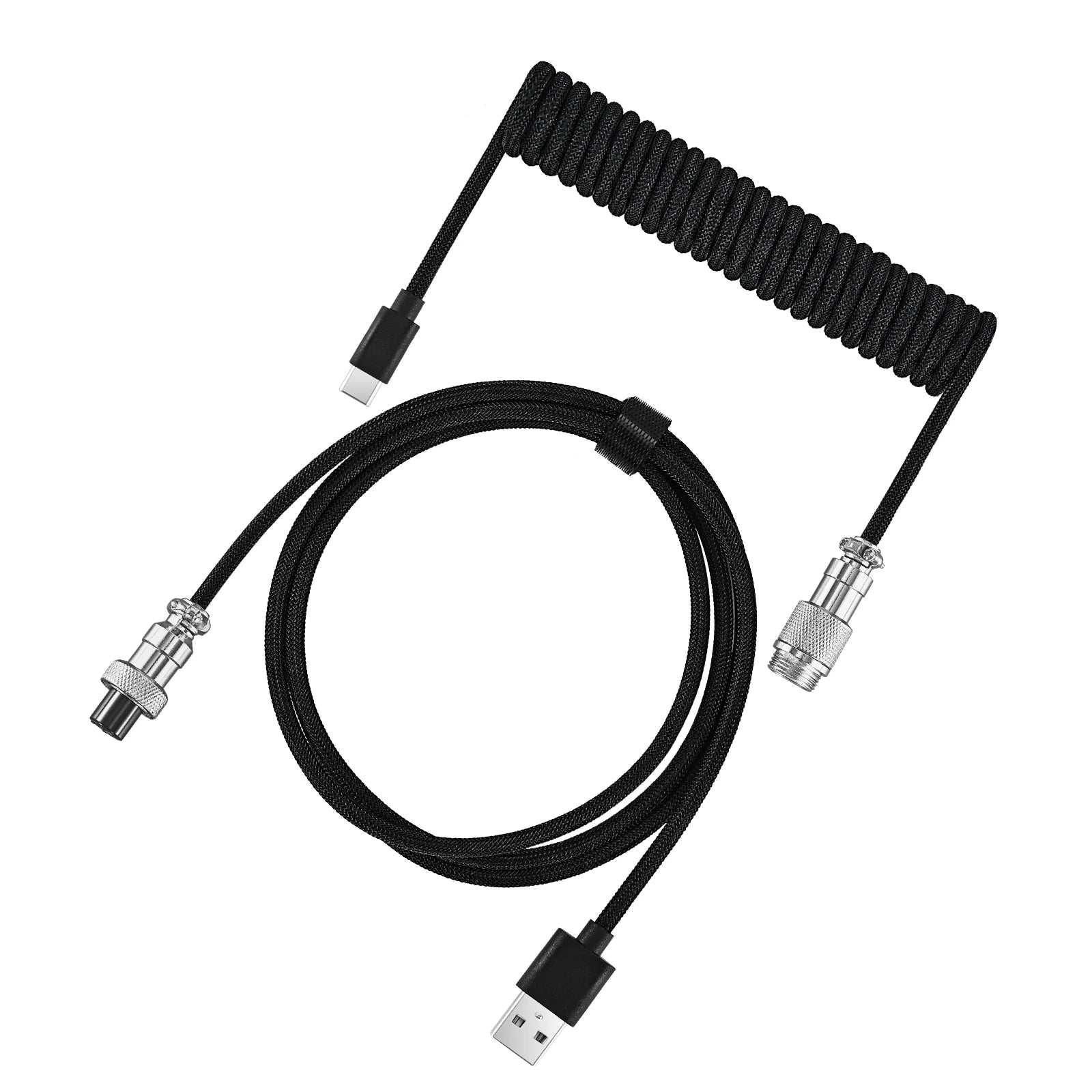Coiled USB-C Gaming Keyboard Cable | Aviator Connector Braided Peaceful Pleasures Health and Wellness black
