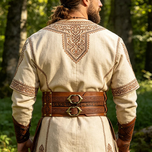 Viking Embossed Wide Waist Sash Medieval Double Buckle Leather Peaceful Pleasures Health and Wellness