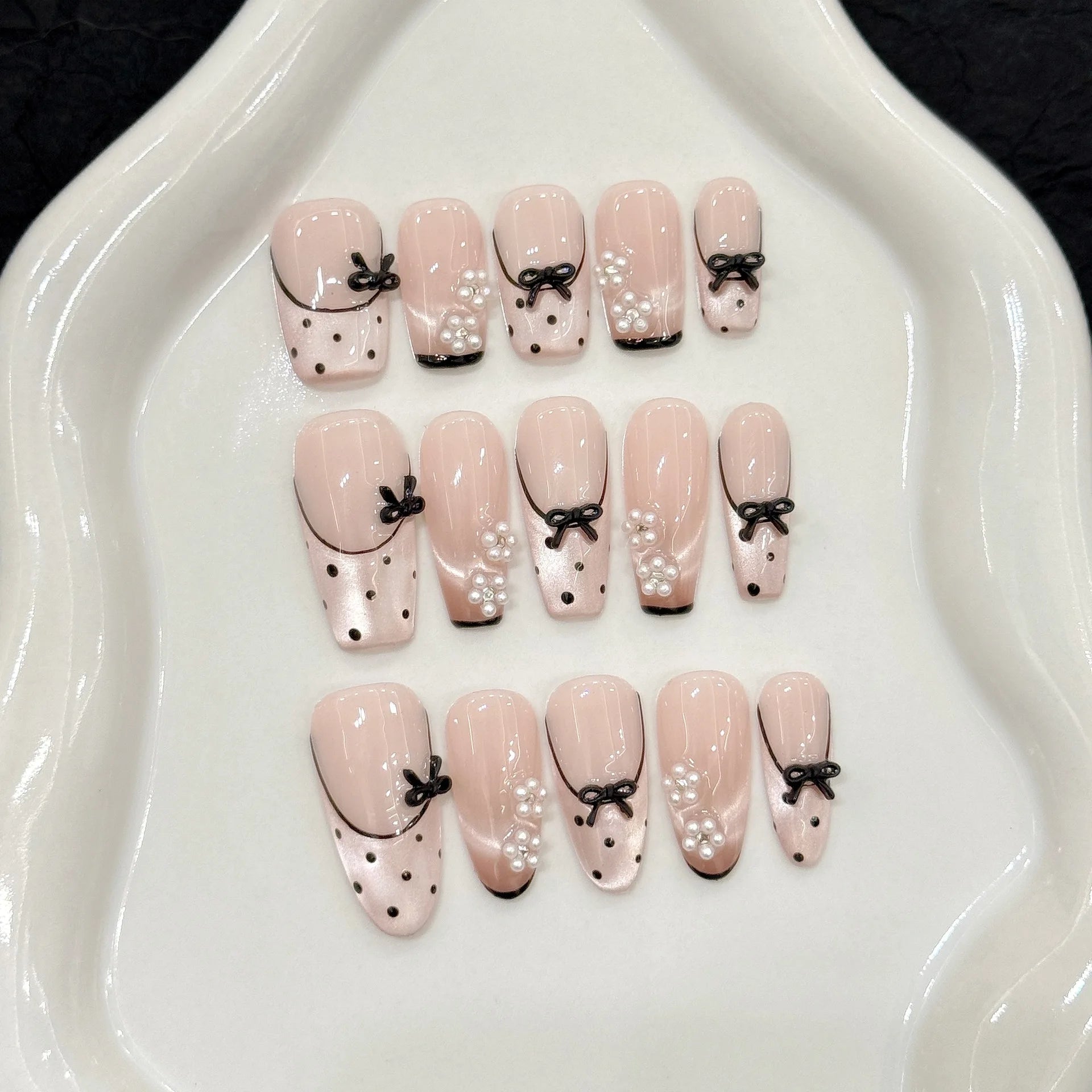 10pcs Handmade Press on Nails Black Bow Design Fake Nails Wearable Full Cover Shiny Nude Pink Cat Eye French Fake Nail Tips Peaceful Pleasures Health and Wellness