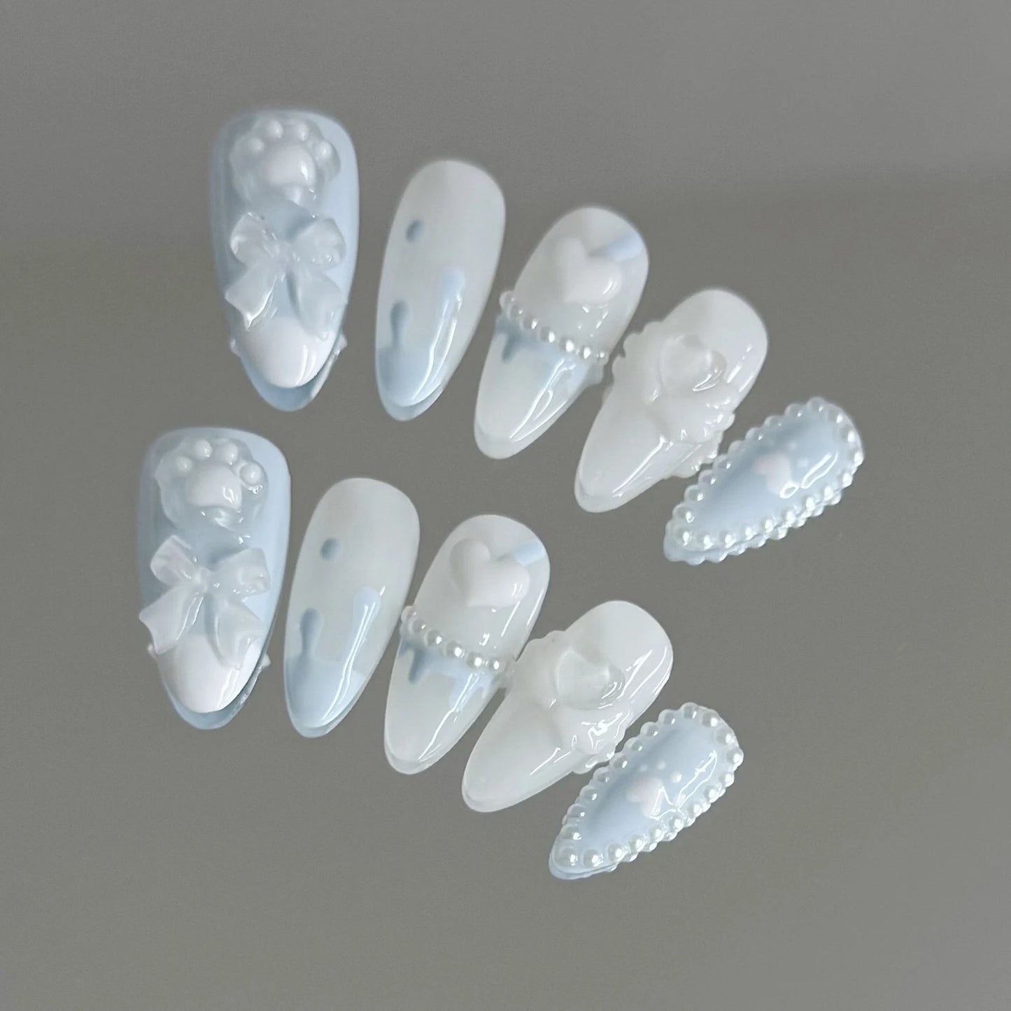 Handmade Press on Nails with Cute Bear Paw Design Light Blue Fake Nails Full Cover Wearable Sweet Korean Almond False Nail Tips Peaceful Pleasures Health and Wellness S 2