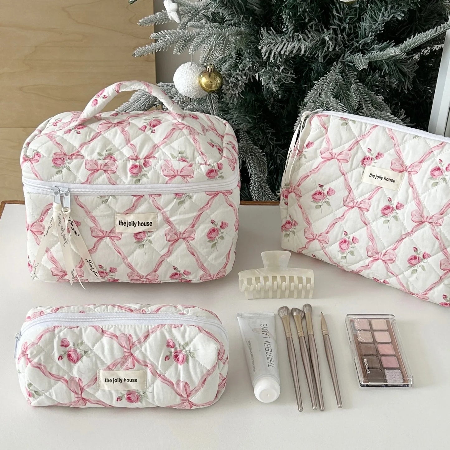 Bow Flower Quilted Makeup Bag – Zipper Cosmetic Organizer