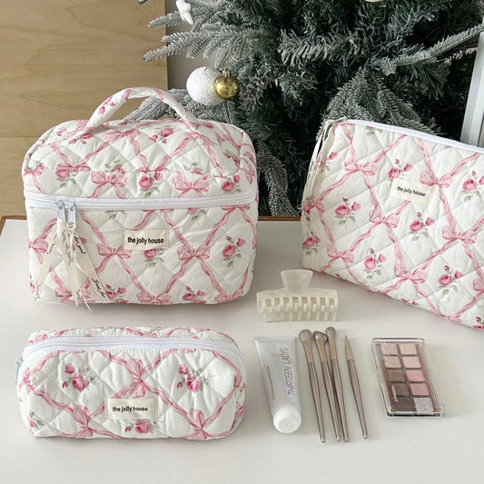 Bow Flower Quilted Makeup Bag – Zipper Cosmetic Organizer Cosmetic Makeup Bag Oasis Select