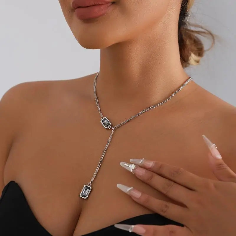 Y-Shape Layering Necklace | Black Square Rhinestone Pendant