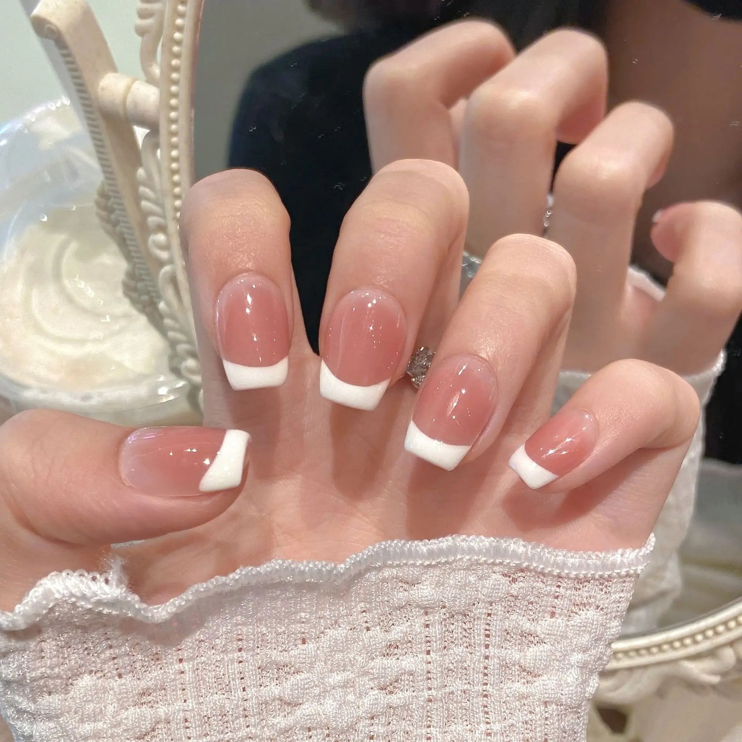 Handmade Short French Press on Nails Ins Simple Nude Pink Fake Nails Tips for Women Girl Wearable Sweet Korean False Nails Peaceful Pleasures Health and Wellness M