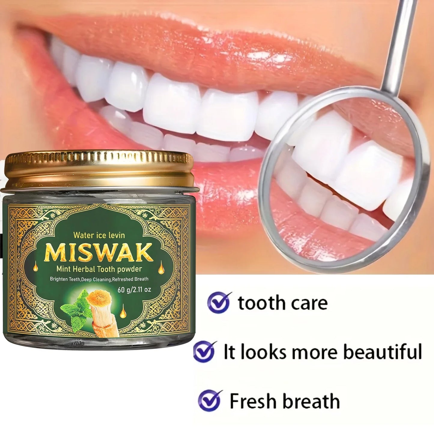 MISWAK Mint Herbal Tooth Powder | Charcoal & Hyaluronic Acid