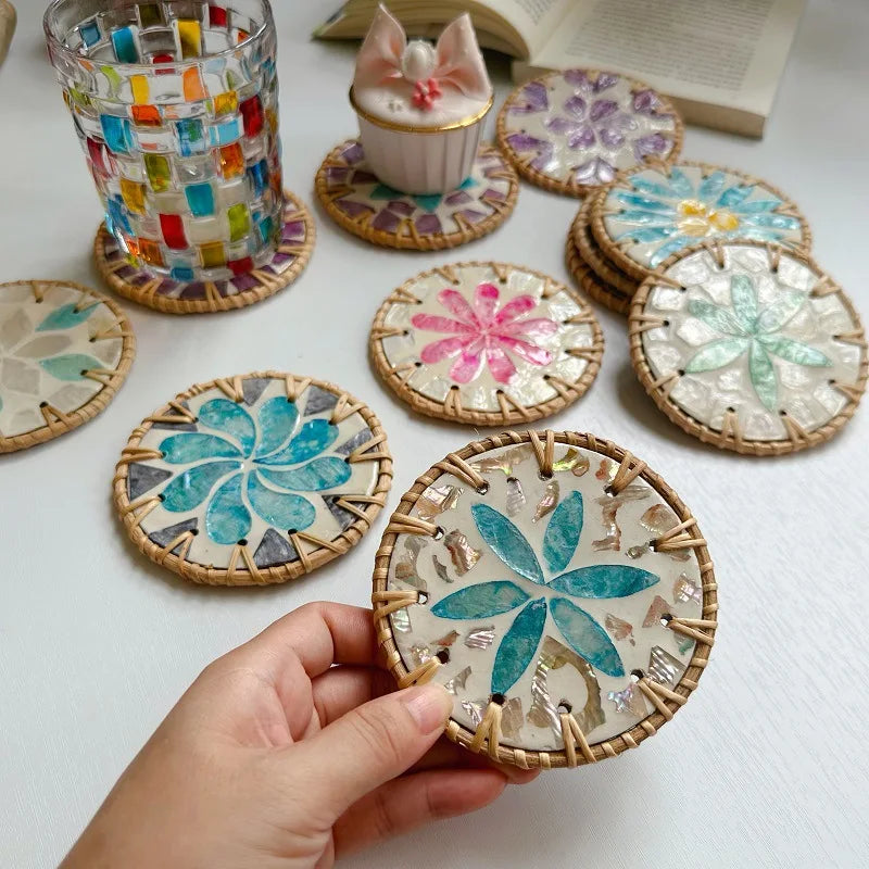 Handmade Rattan Coaster | Colorful Woven Table Mat 10cm