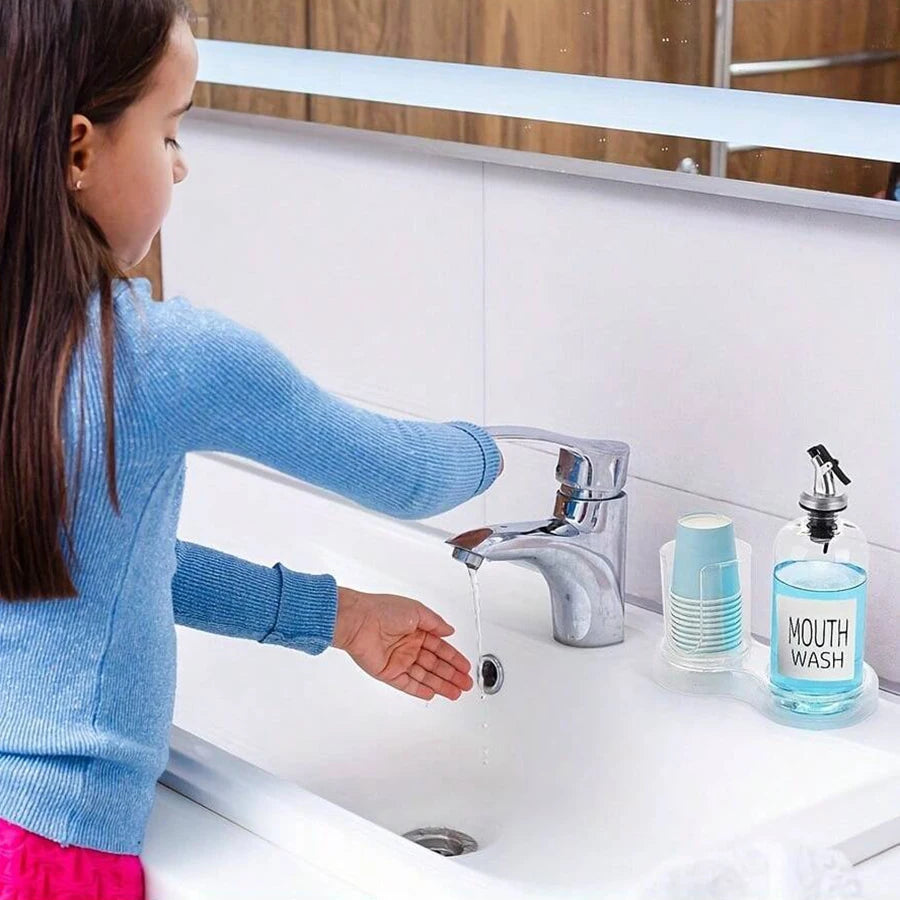 Mouthwash Dispenser with Cup Holder & Tray – 3-Piece Clear Pump Bottle Bathroom Organizer Set