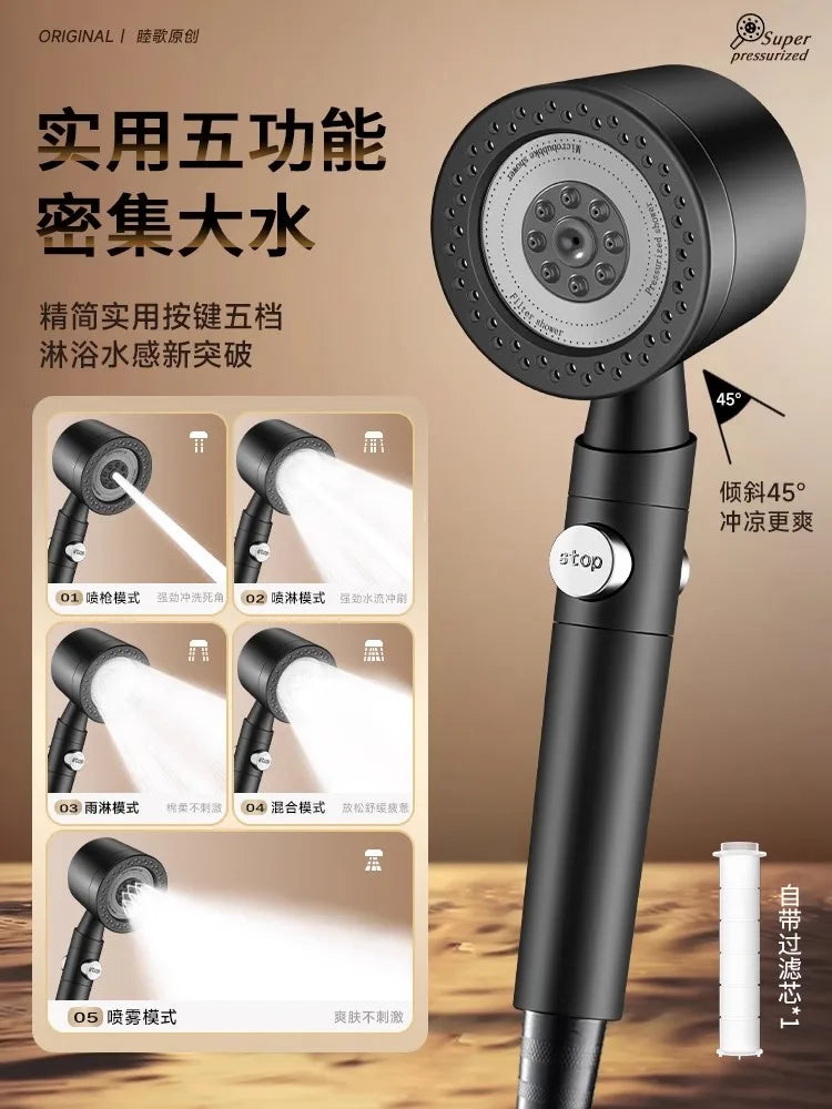 Black 9-in-1 High Pressure Shower Head | 6 Modes & Filter