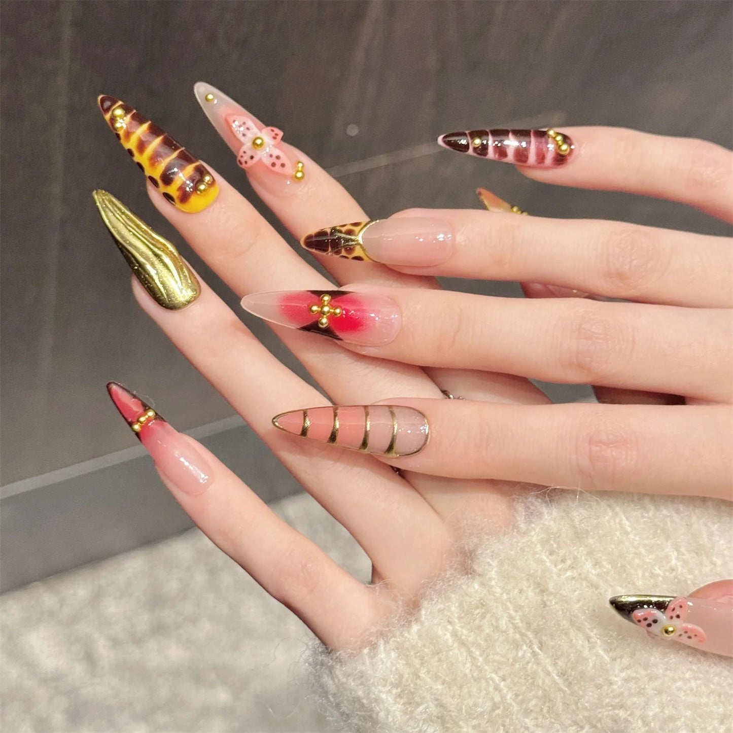 Y2K Press On Nails – Red Cherry Leopard Long Stiletto Set 10pc