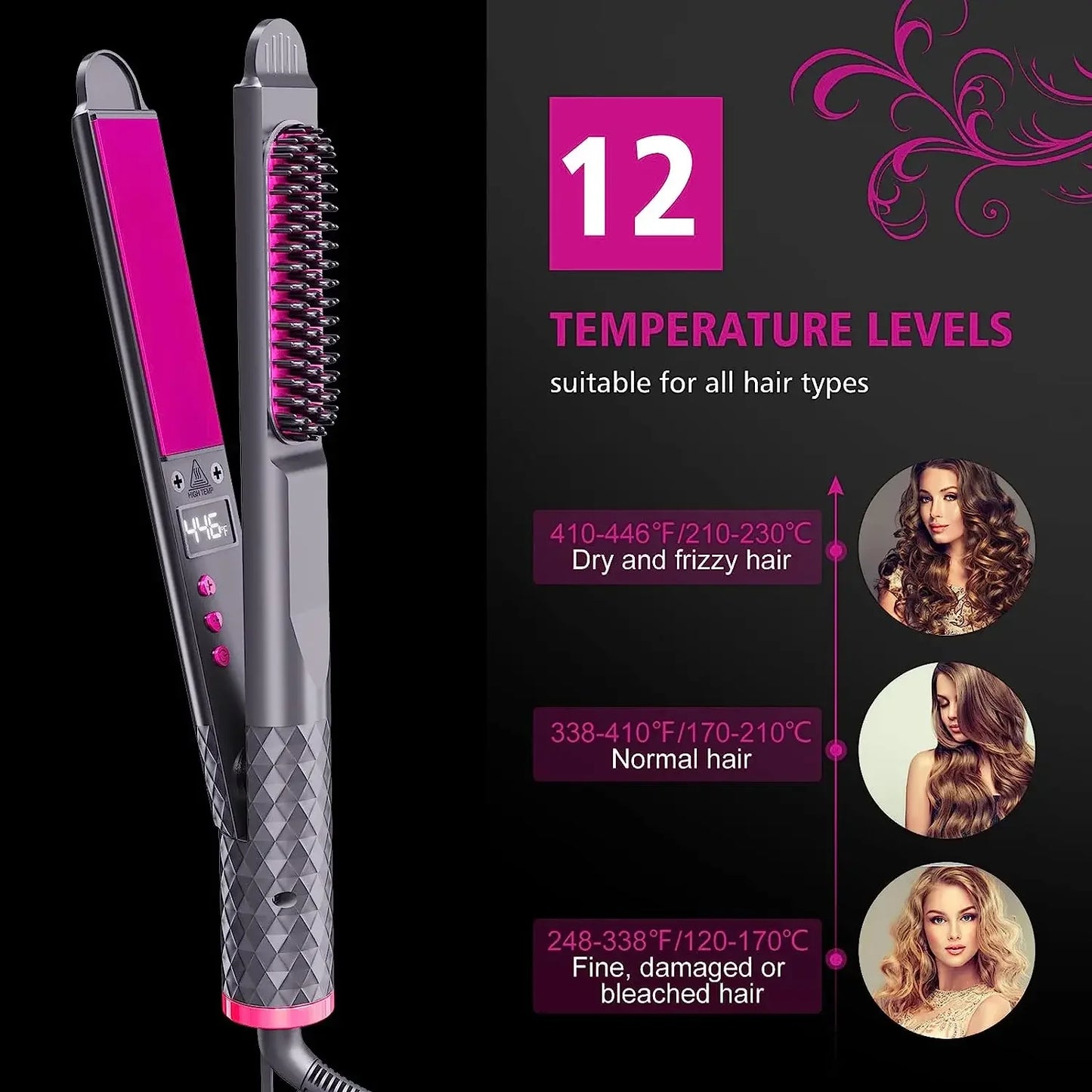 Women's 3-in-1 Hair Straightener Curling Flat Iron Electric Hot Comb Ceramic Ionic Fast Heating Hair Brush Peaceful Pleasures Health and Wellness