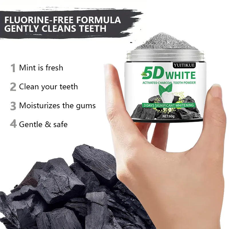 YUlTlKUE 5D White Activated charcoal Tooth Powder Natural Teeth Whitening Oral Care Fresh Breath 60g Peaceful Pleasures Health and Wellness