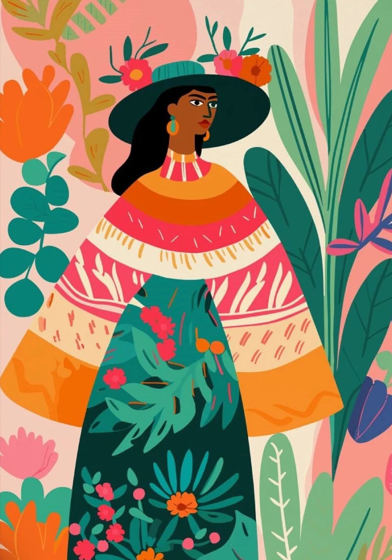 Latina Woman Floral Canvas Wall Art | Ethnic Maximalist Print
