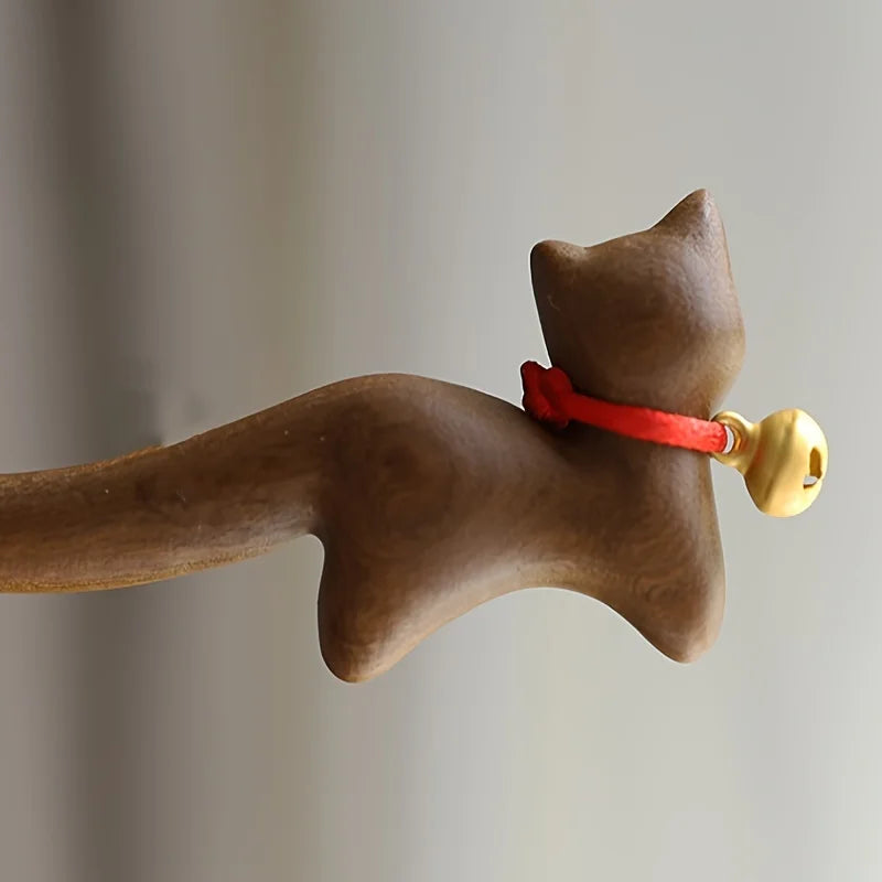 Chinese Traditional Hair Stick Vintage Golden Sandalwood Hairpin Cute Bell Cat Hair Pin Simple Retro Step Shake Hair Accessories Peaceful Pleasures Health and Wellness