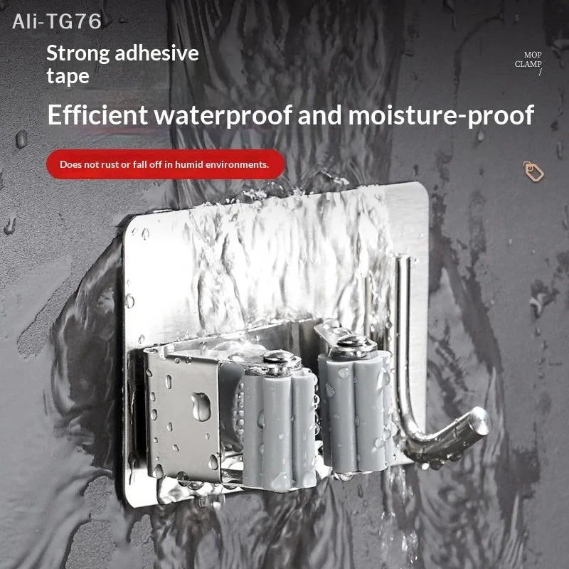 Wall Mounted Mop Holder Clip | 304 Stainless Steel Self-Adhesive