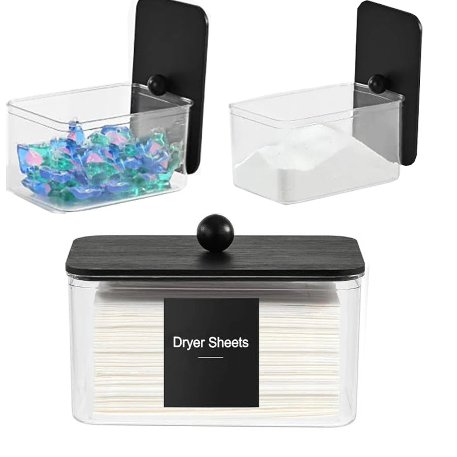 Clear Acrylic Dryer Sheet Holder with Lid & Labels – Fabric Softener Dispenser for Laundry Room Organization