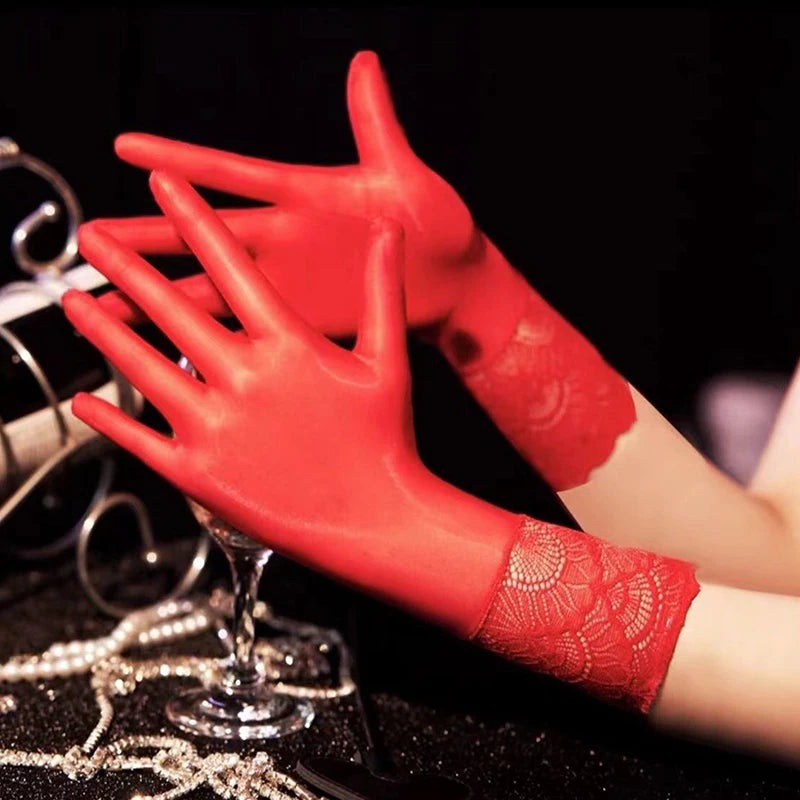 NEW Women Oil Glossy Tight Stocking Gloves Sexy High Elastic Transparent Ultra-Thin Clubwear Short Wrist Gloves Peaceful Pleasures Health and Wellness red lace trim