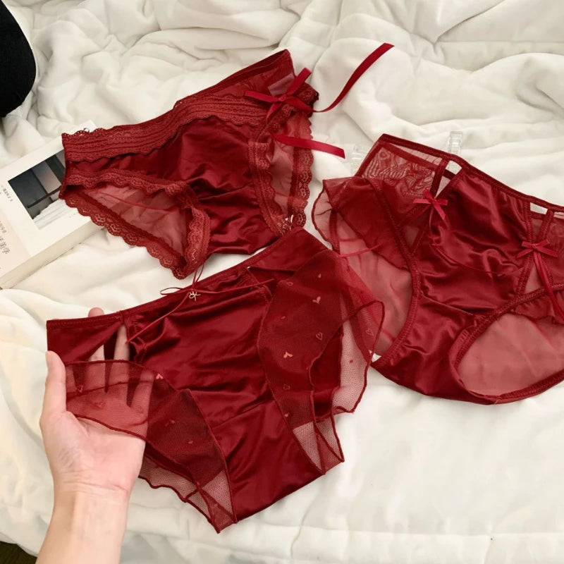Women's Cherry Red Lucky Satin Mesh Mid-Waist Brief Panties