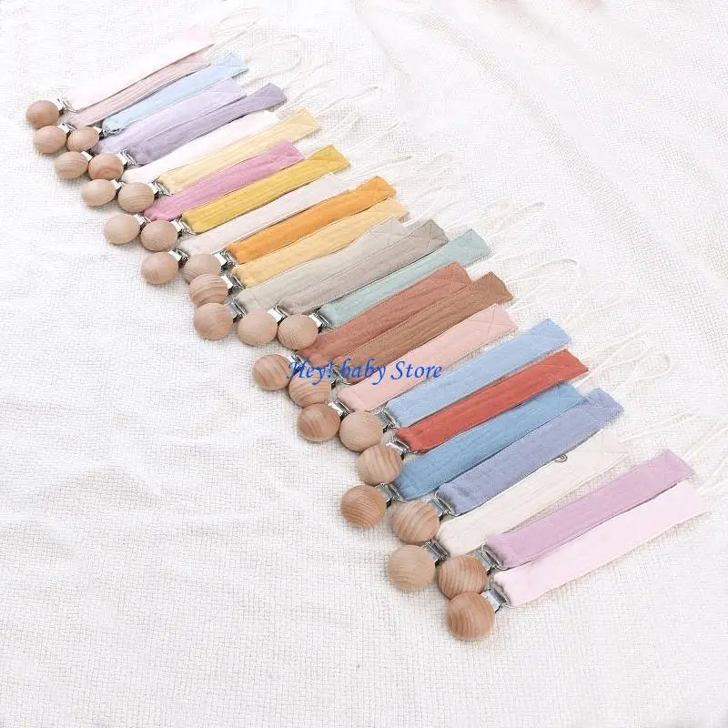 Baby Pacifier Clip Chain Holder | Cotton, Metal & Beech Wood