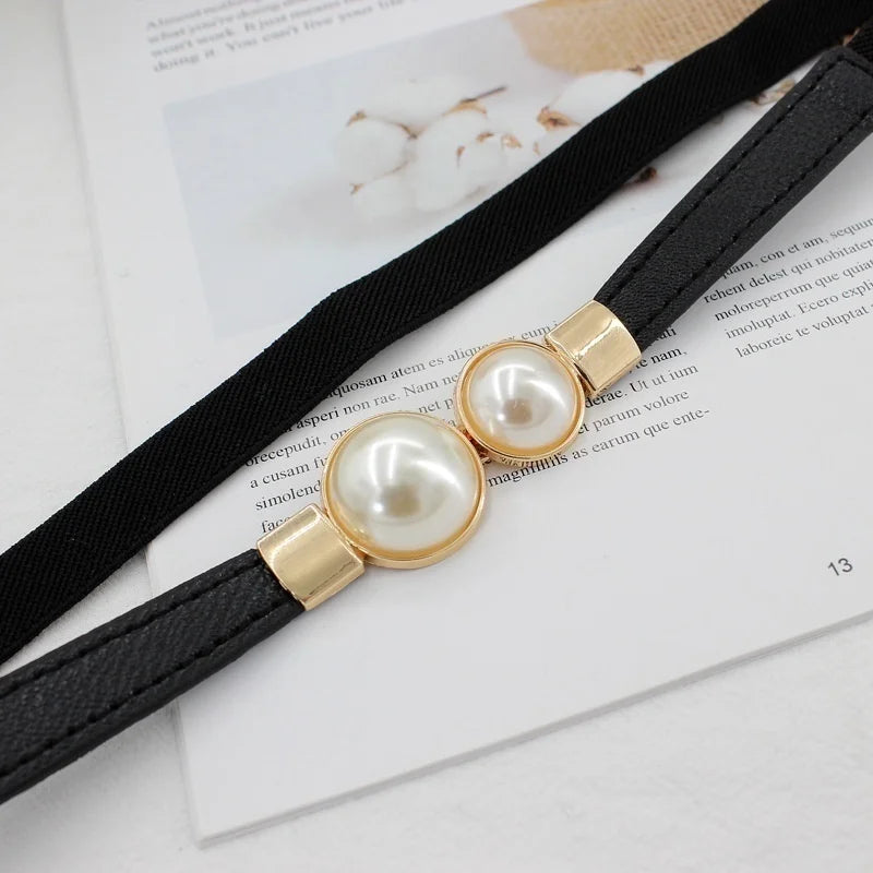 Elegant Double Pearls Buckle Elastic Women Belts Thin Straps Lady