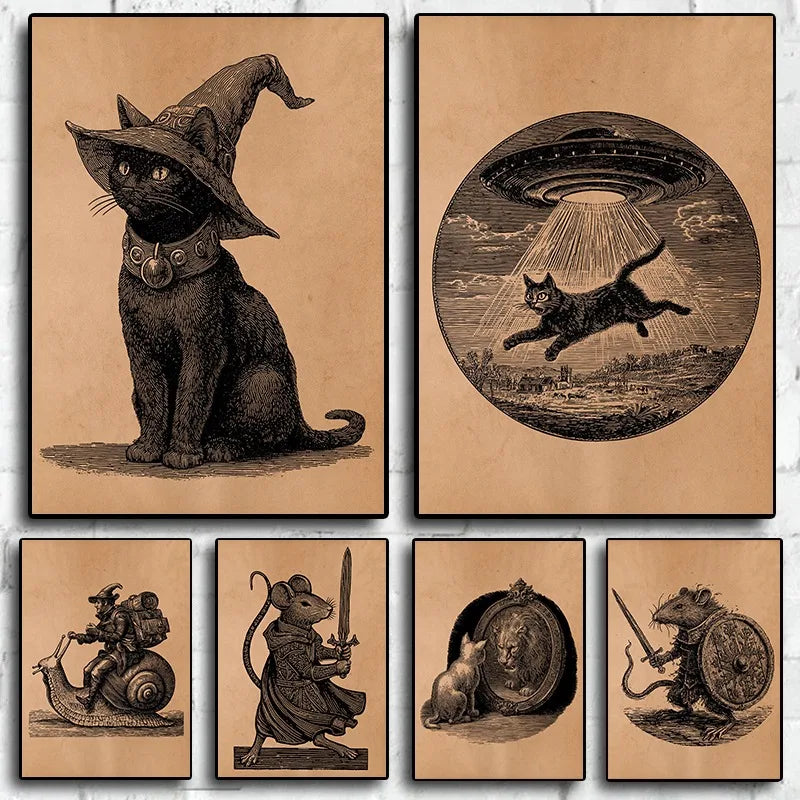Antique Style Cat UFO Abduction Alien Medieval Knight Mouse Illustration Poste Canvas Painting Wall Art Pictures Home Decor Peaceful Pleasures Health and Wellness